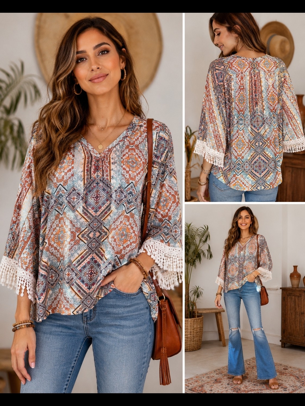 Boho Crochet Trim V-Neck Top - Multicolor